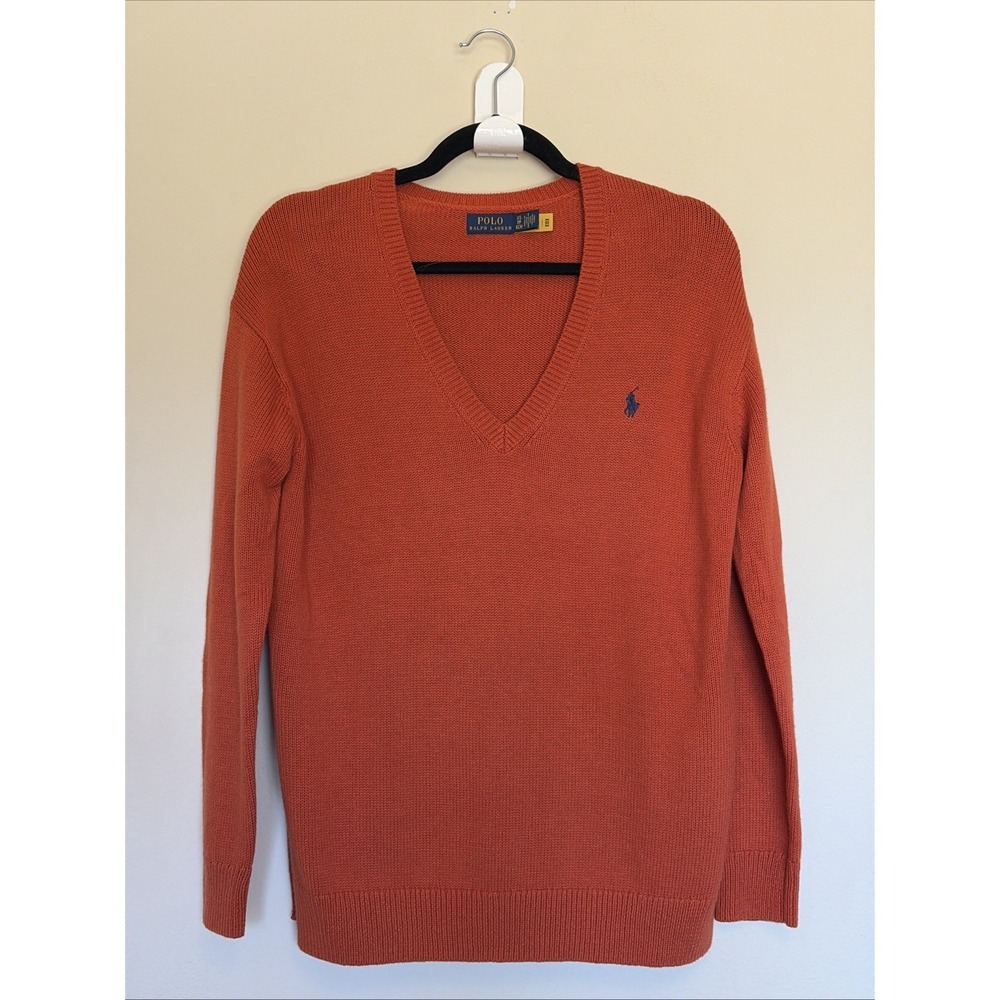 Polo‎ Ralph Lauren Burnt Orange Vneck Cotton Blend Knit Sweater Womens XS